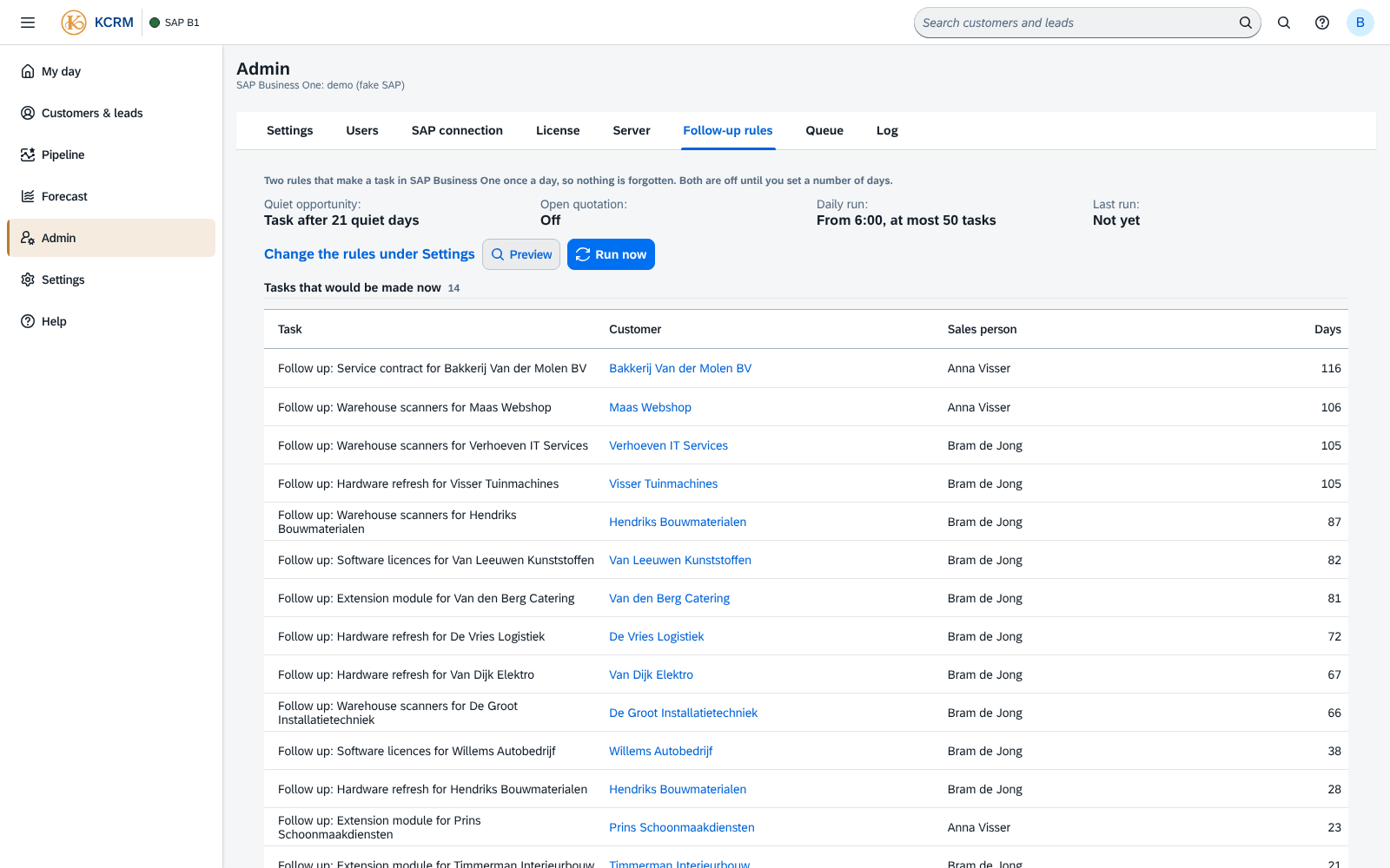 Administration, follow-up rules in KCRM: the two rules, the daily run, buttons Preview and Run now, and the table of tasks that would be created with customer, sales person and days