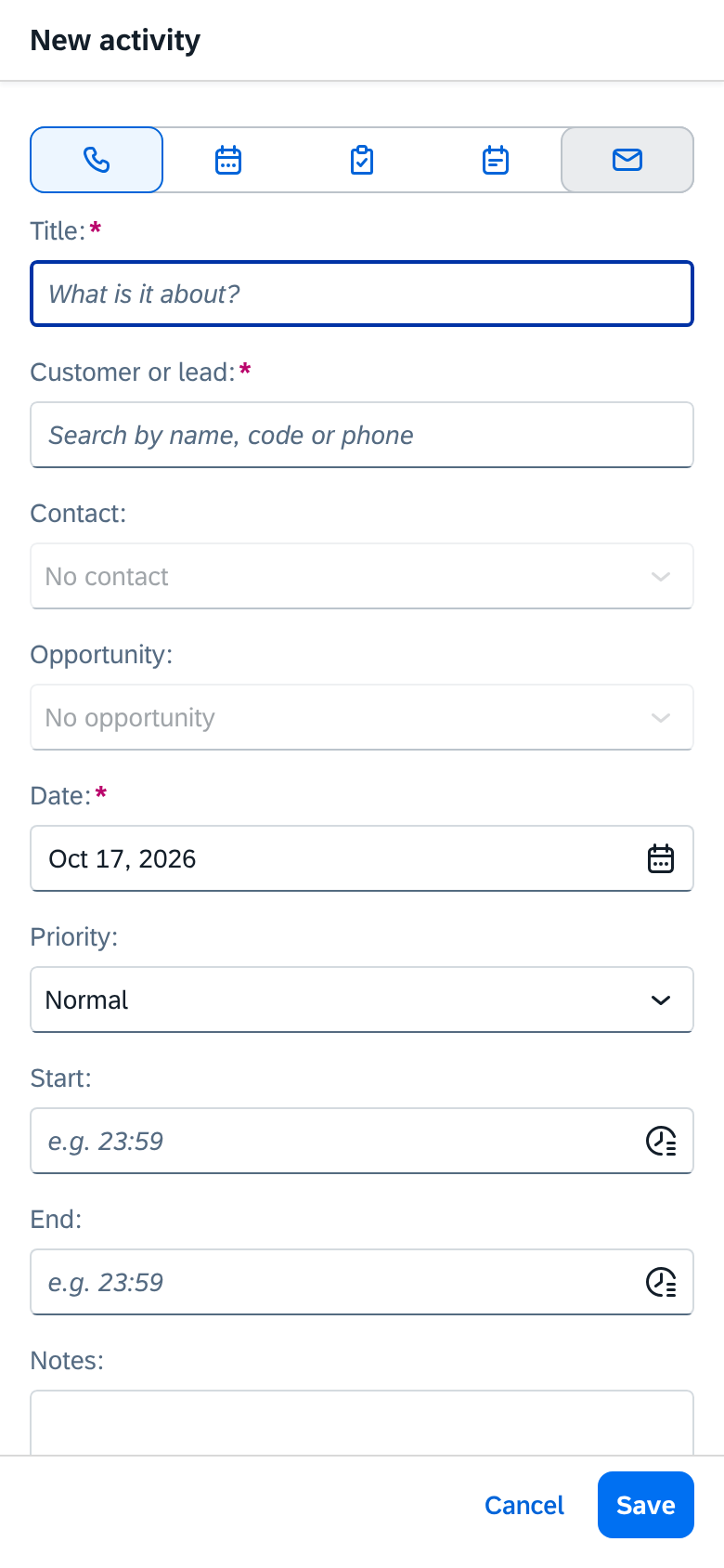 New activity in KCRM on a phone: type as buttons, title, customer or lead, contact, opportunity, date, priority, start and end