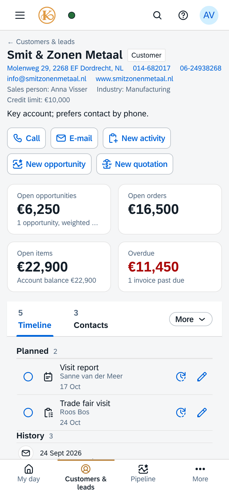 The customer card in KCRM on a phone: contact details, buttons for call, e-mail, new activity, new opportunity and new quotation, four key figures and the timeline