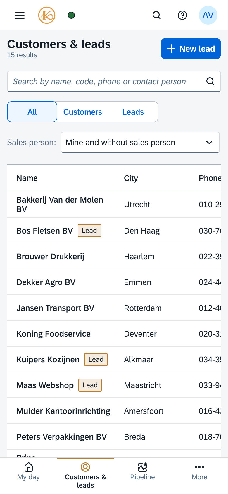 Customers & leads in KCRM on a phone: search field, filter All, Customers, Leads, the sales person filter and the list with name, city and phone