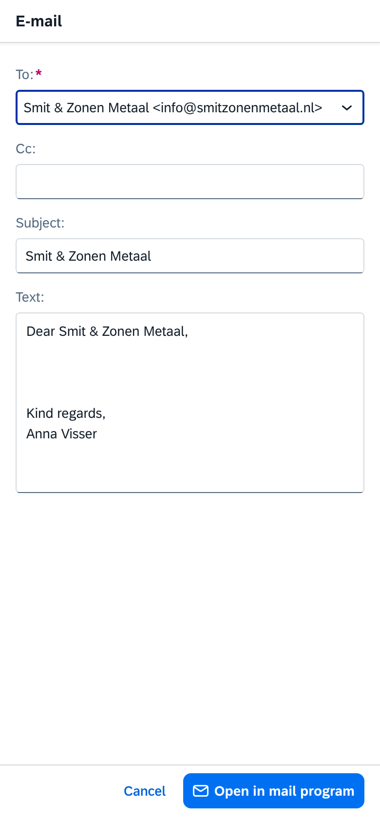 E-mail in KCRM on a phone: recipient, cc, subject and the text from the template, with the button Open in mail program