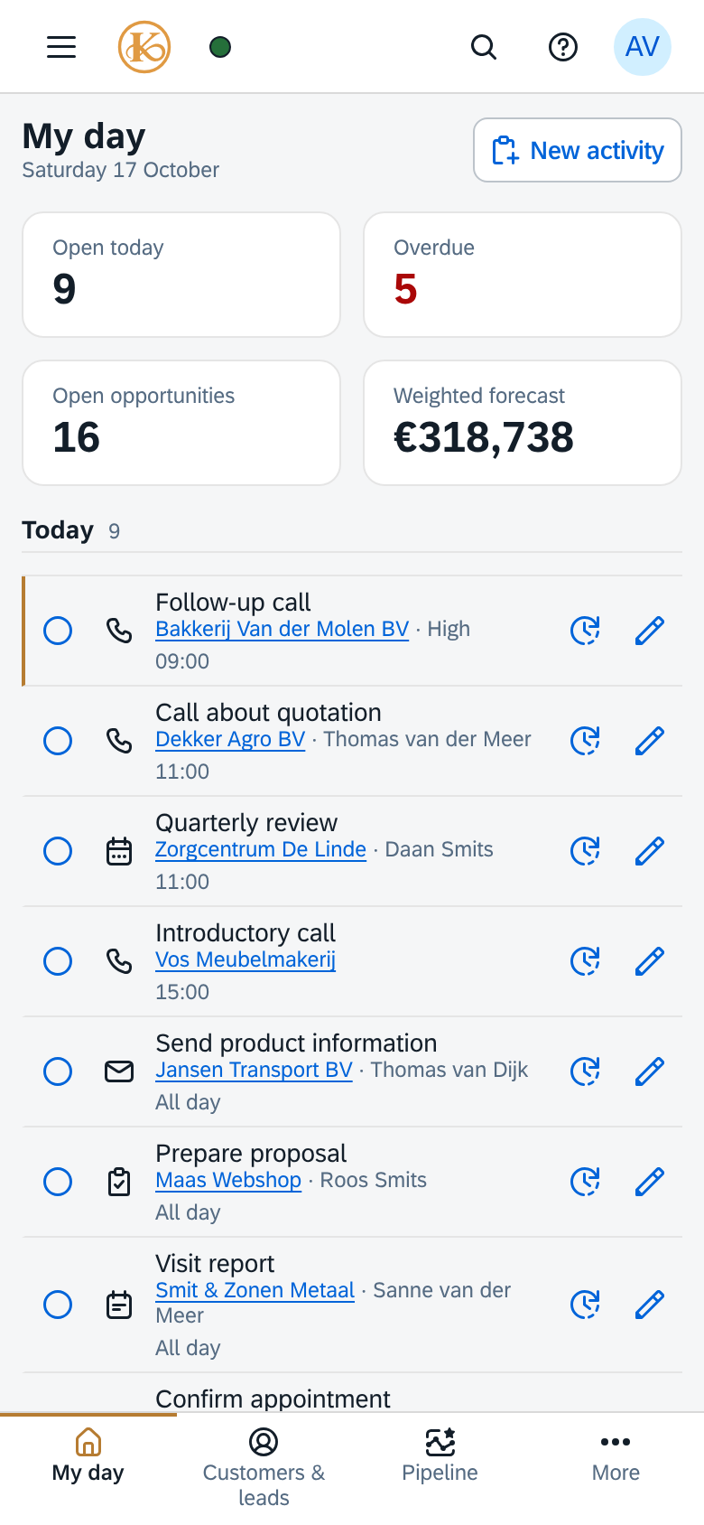 My day in KCRM on a phone: four key figures and the list of today's activities, with a tab bar for My day, Customers & leads, Pipeline and More