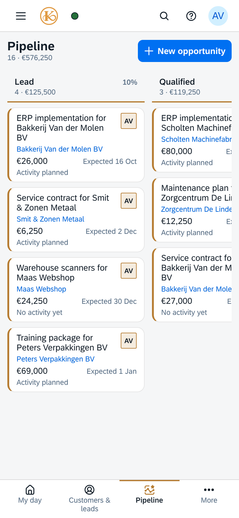 The pipeline in KCRM on a phone: the columns Lead and Qualified with opportunity cards, scrolling sideways