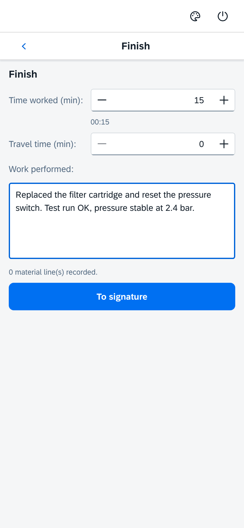 Finishing a visit in the KFSM app: time worked, travel time and the work performed