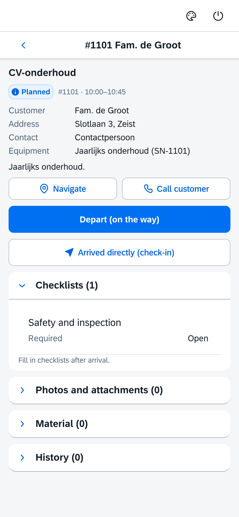 A visit in the KFSM app: customer, address, equipment, navigate and call buttons, the main button Depart, and the checklist panel