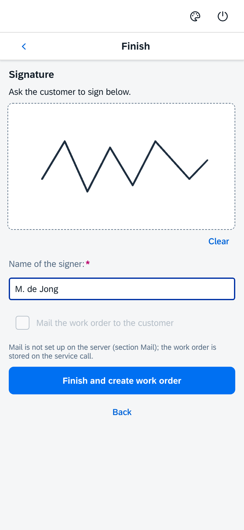 The signature screen in the KFSM app: a signature area, the signer's name and the option to mail the work order