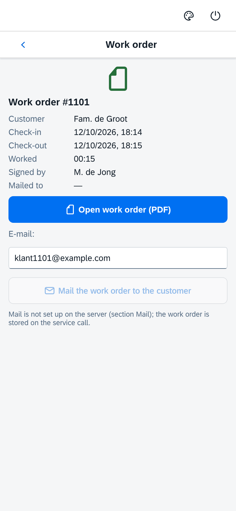 The work order in the KFSM app: check-in, check-out, time worked, signed by, and the button to open the PDF
