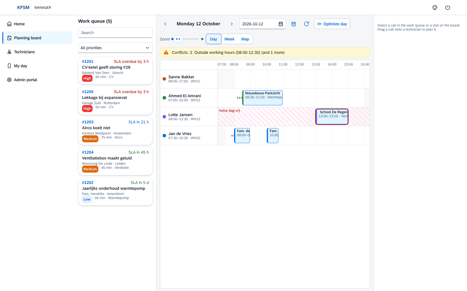 The KFSM planning board: the work queue with SLA colours on the left, a day timeline per technician with planned visits, an absence and a conflict warning