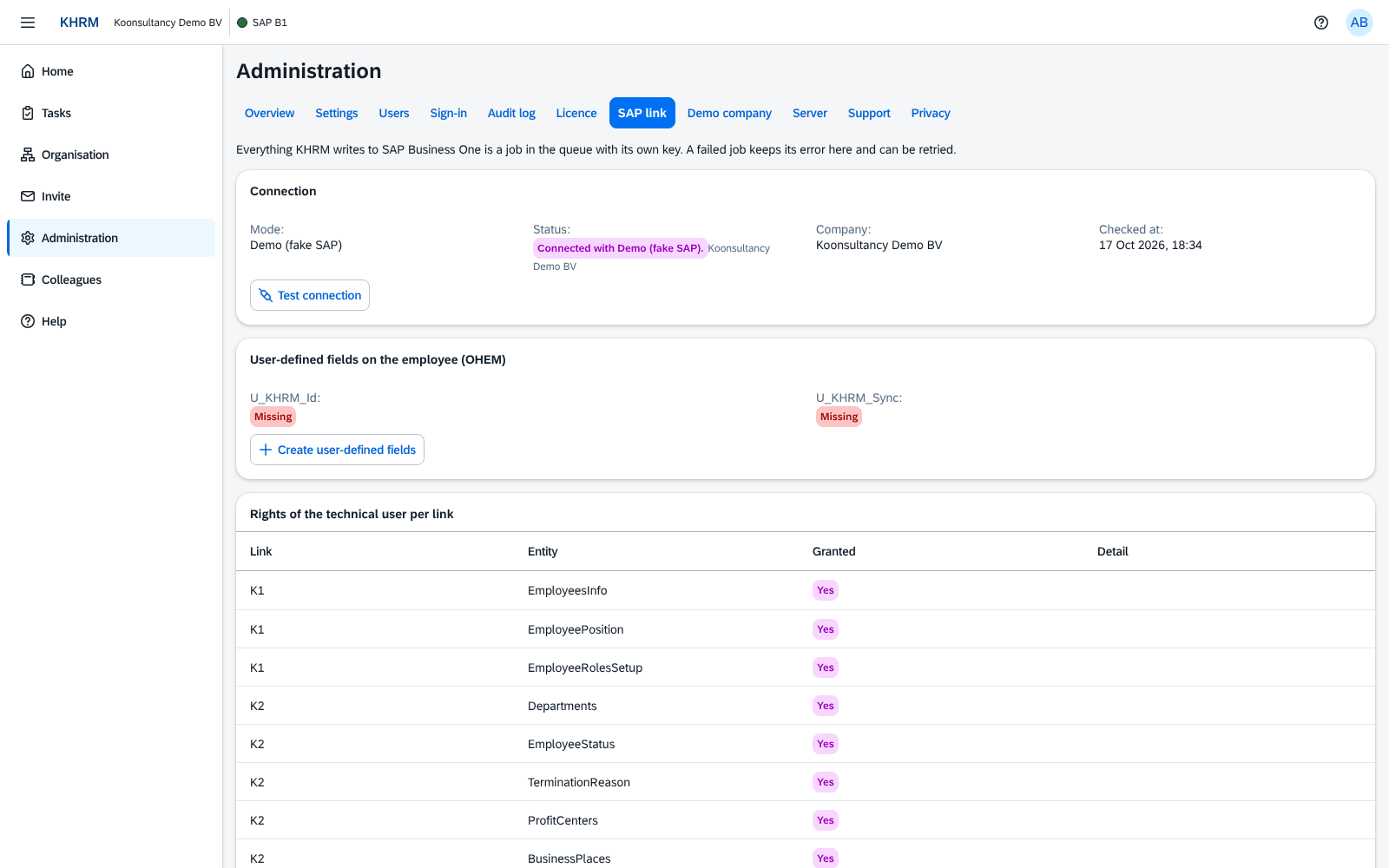 Administration, SAP link in KHRM: the connection, the user-defined fields on the employee, and the rights of the technical user per link