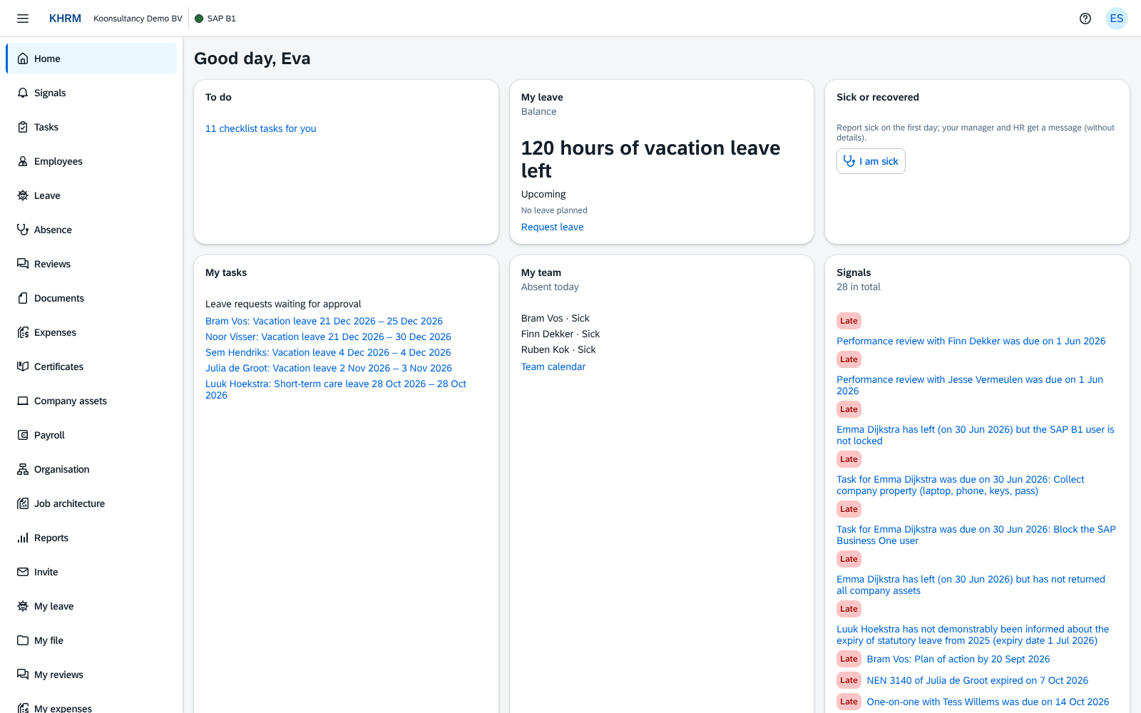 The KHRM start page for HR: leave, tasks, who is absent today, signals, headcount and absence rate