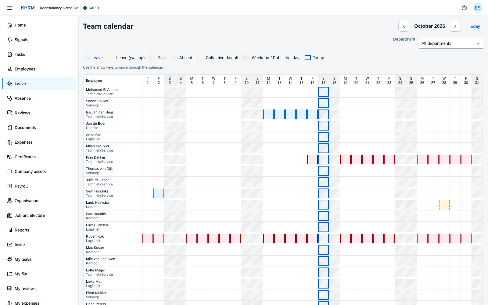 The team calendar in KHRM: a row per employee, a column per day of the month, with leave, leave waiting for approval, sick leave, weekends and public holidays