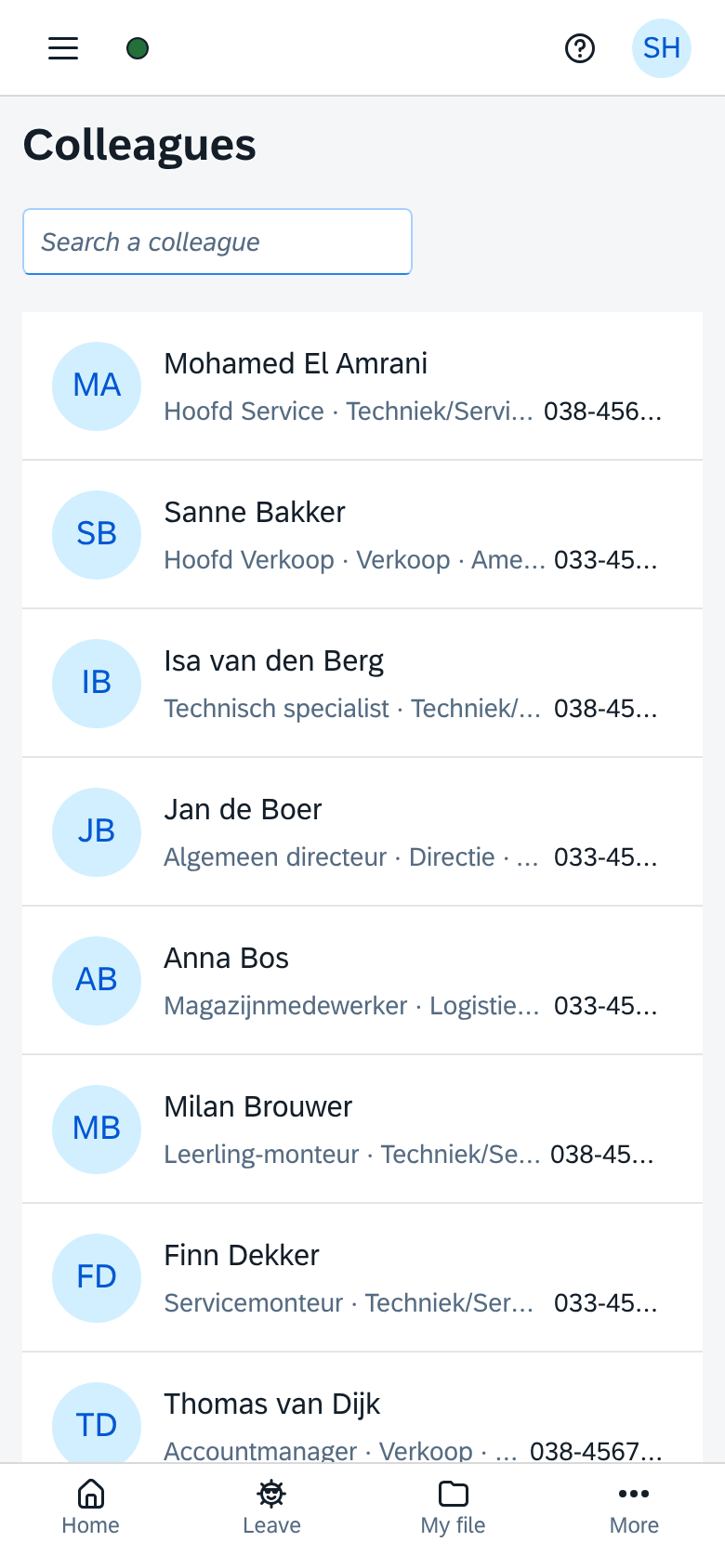 Colleagues in KHRM on a phone: a searchable list with initials, name, job title, department and phone number