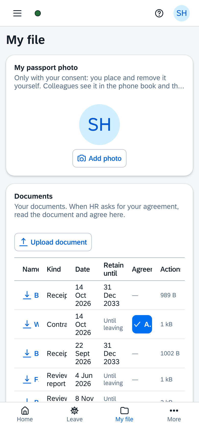 My file in KHRM on a phone: the passport photo, the documents to agree to, and who viewed the file