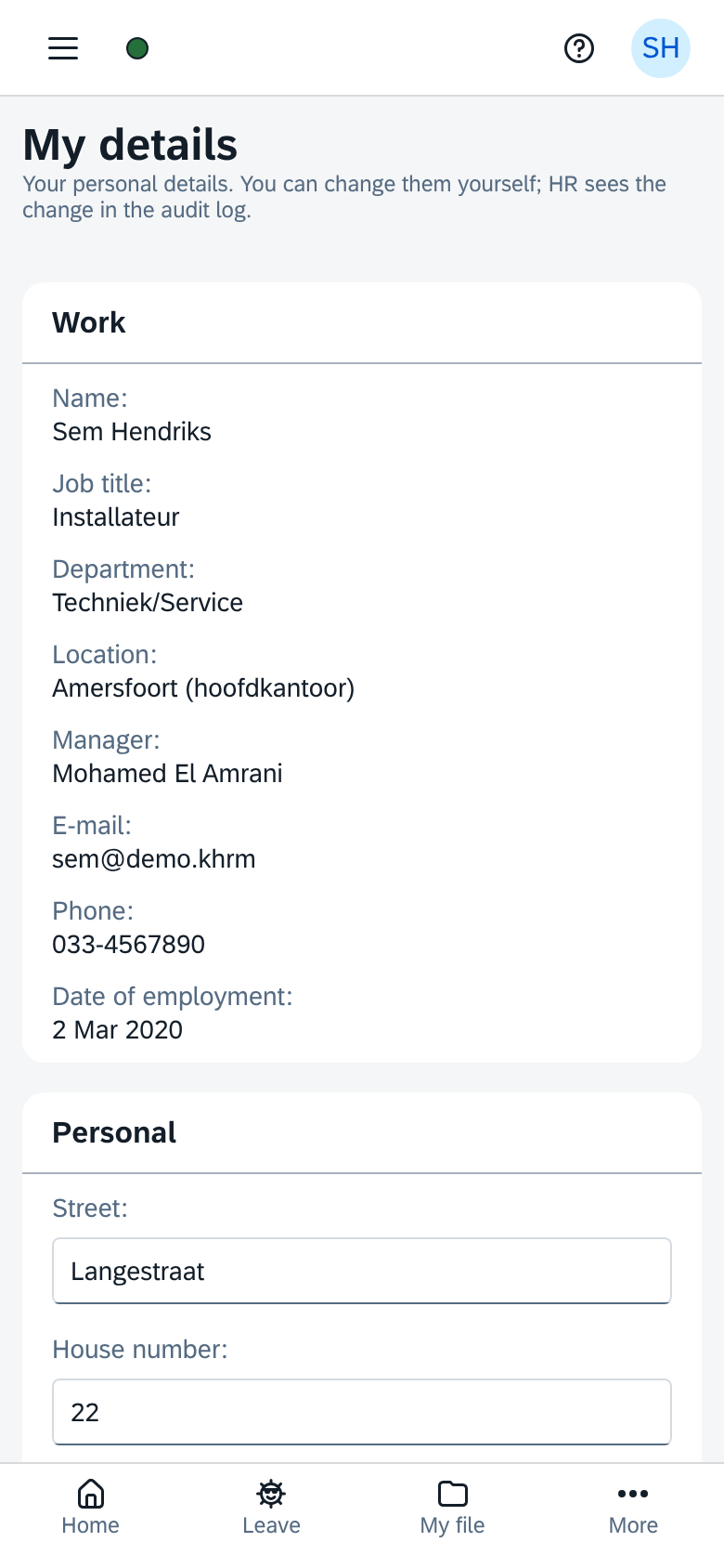 My details in KHRM on a phone: work details read-only and a form for address and private phone