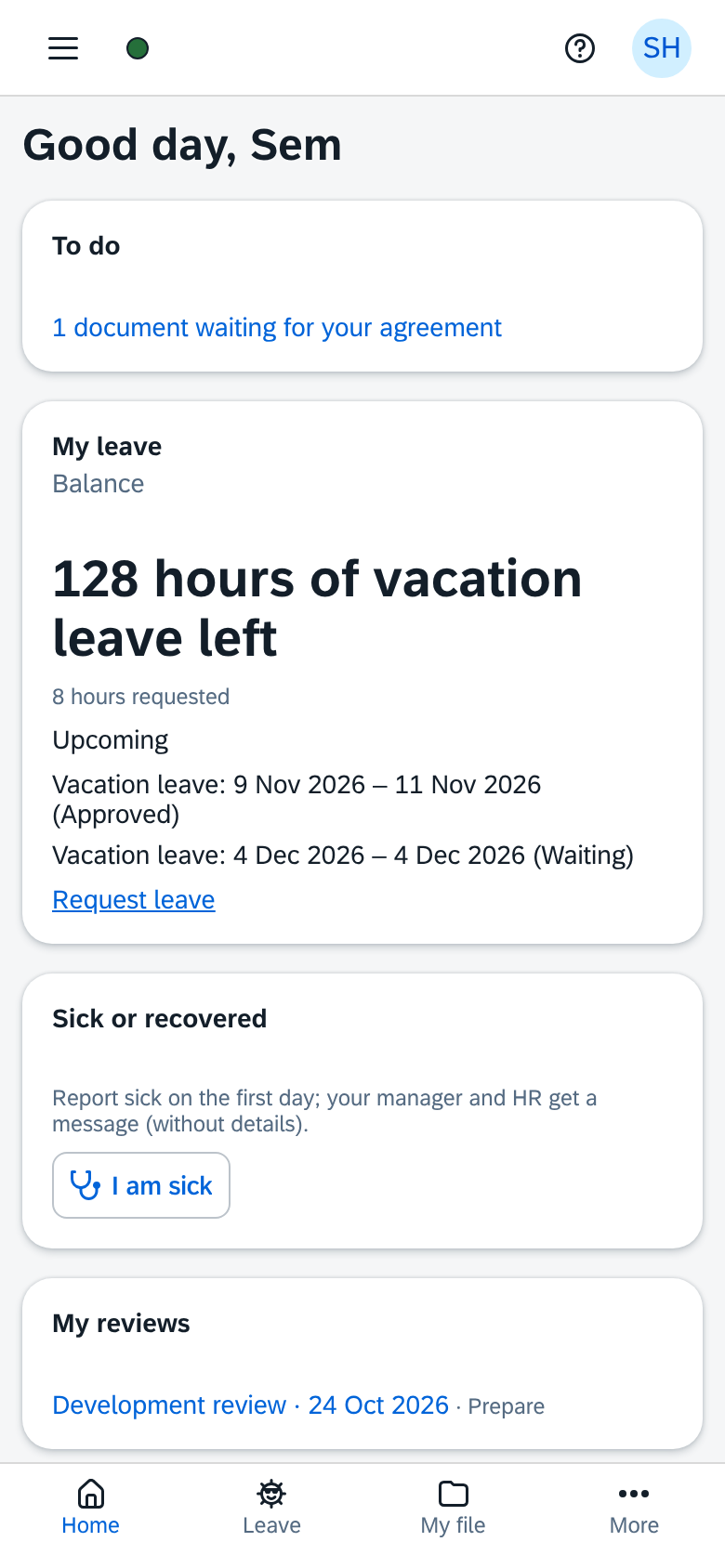The KHRM start page on a phone for an employee: to do, leave balance and upcoming leave, report sick, and reviews, with a tab bar at the bottom