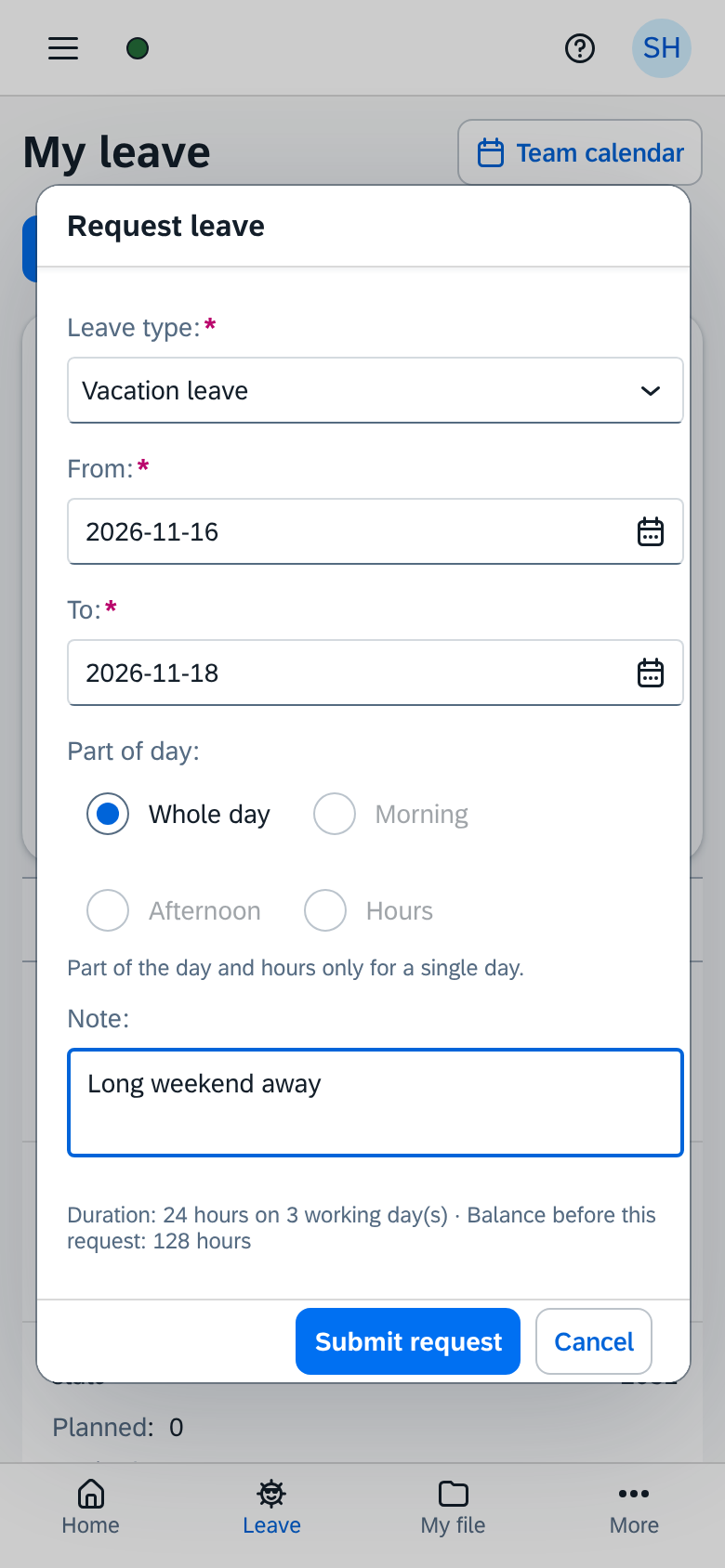 Requesting leave in KHRM on a phone: leave type, from and to date, part of day, note, and the calculated duration and remaining balance