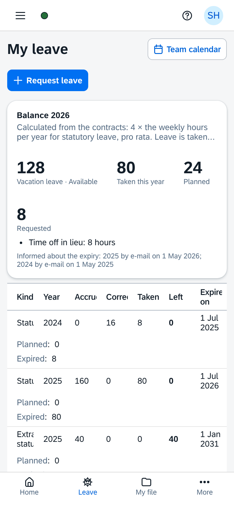 My leave in KHRM on a phone: the balance per bucket with expiry date and the list of requests