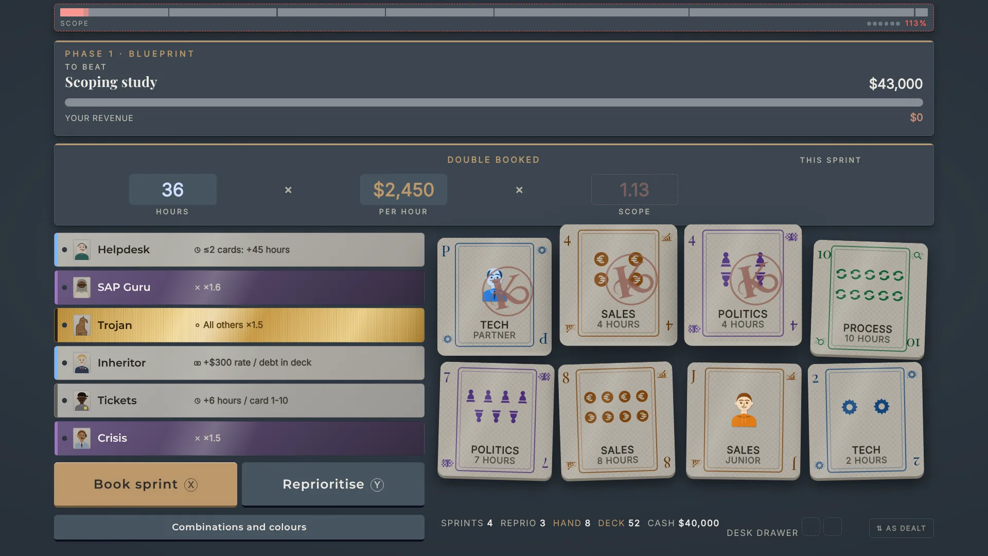 The playing field: a hand of eight cards with pips, the team as passes with faces, and the sum hours × rate × scope.