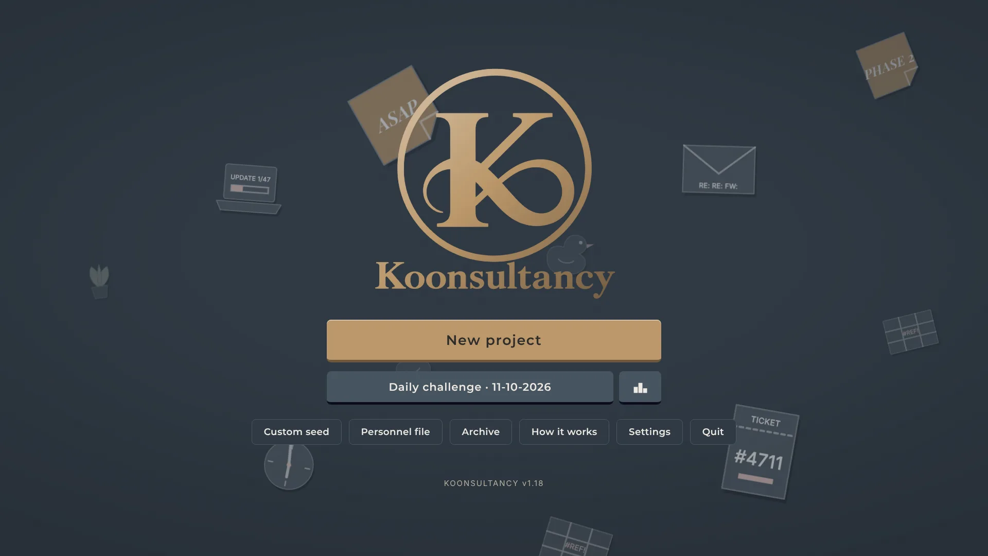 The title screen with floating office objects behind the logo.