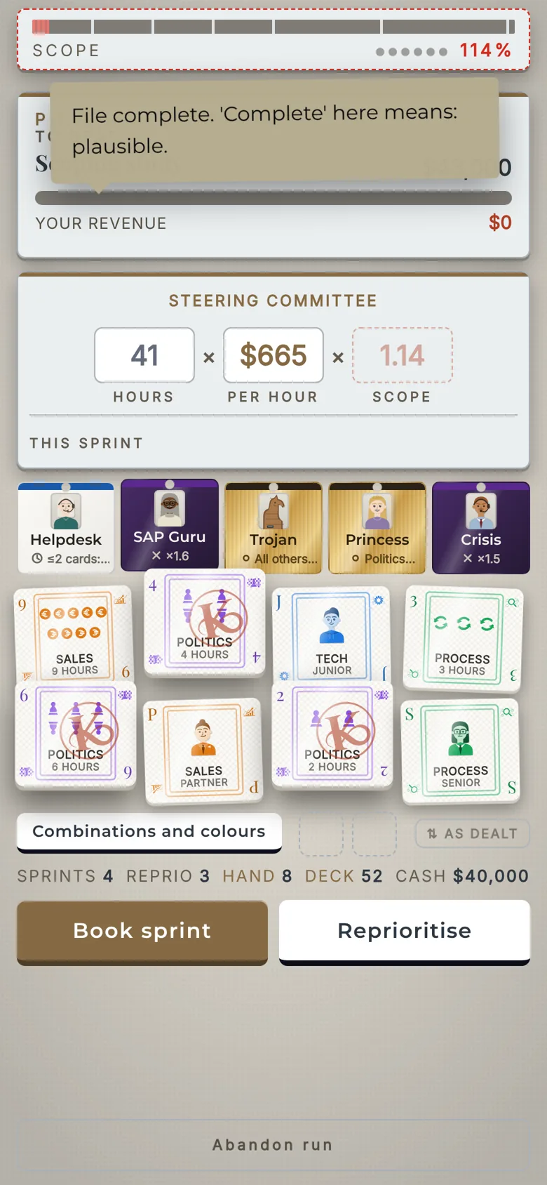 The playing field on a phone, with five cards selected.