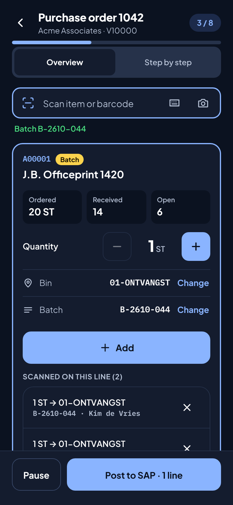 The same receiving screen in the dark theme