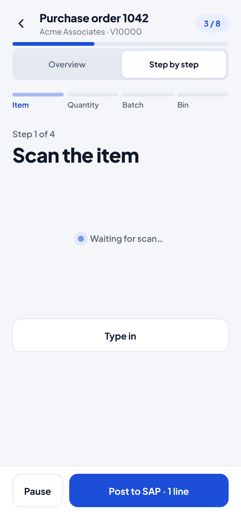 Step-by-step receiving: one instruction per screen
