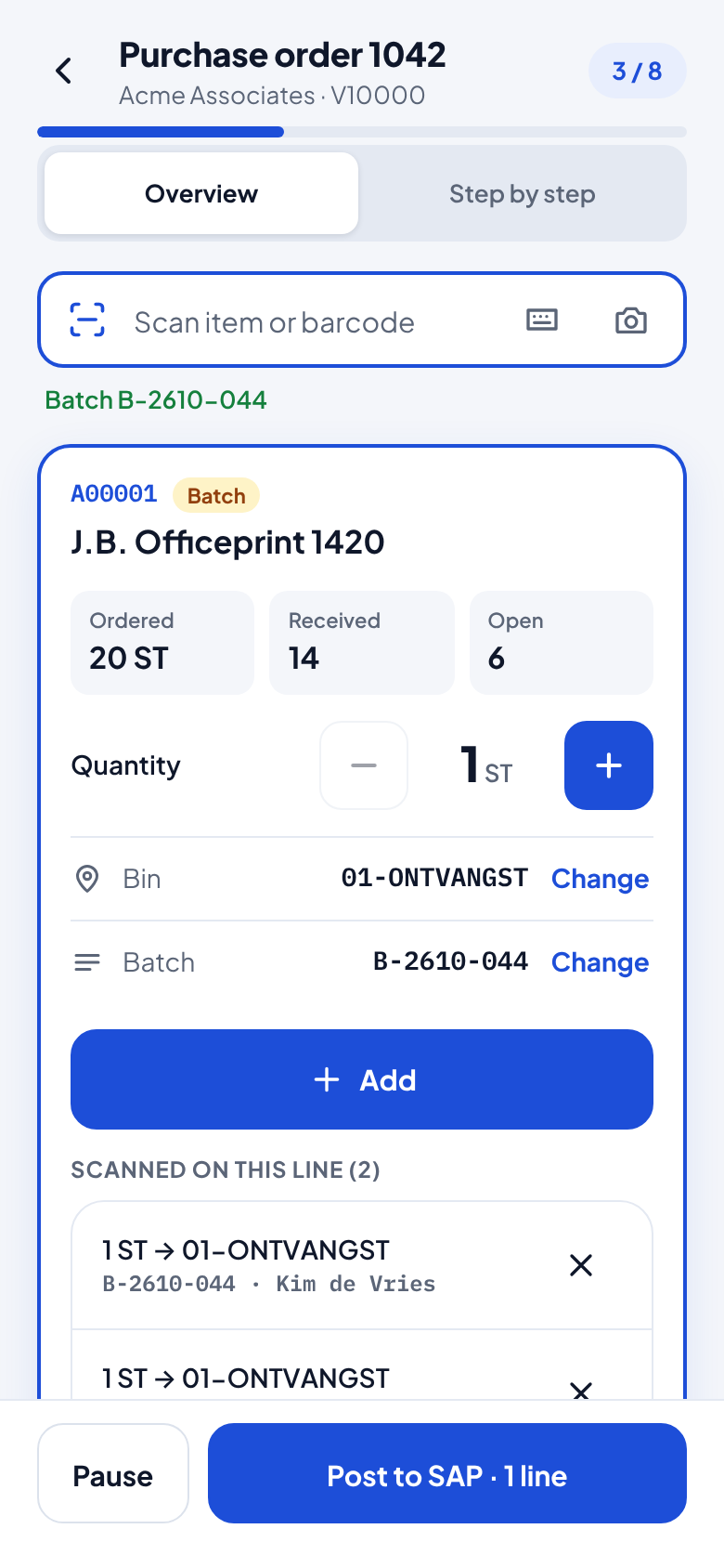 Receiving a purchase order in KScan: active line with batch, bin and quantity