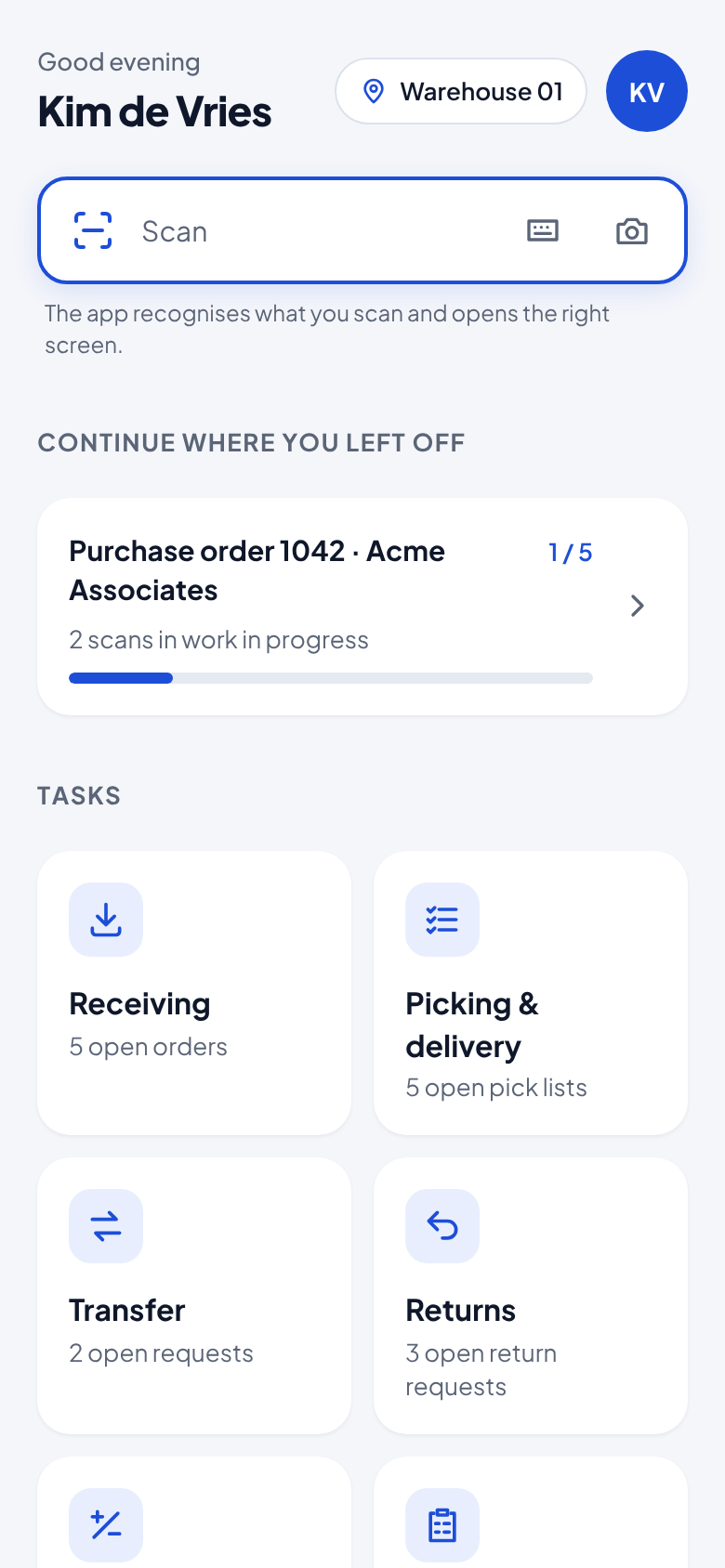 KScan start screen on an Android scanner: one scan field and tiles for receiving, picking, transfer, returns, counting and production