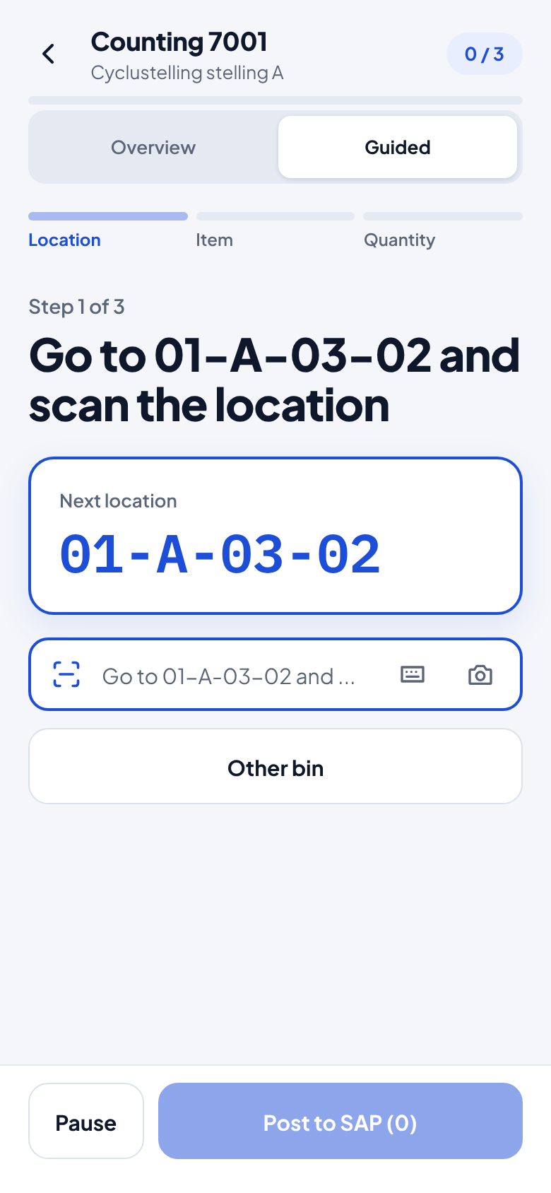 Guided stock count: the app sends the counter to the next bin