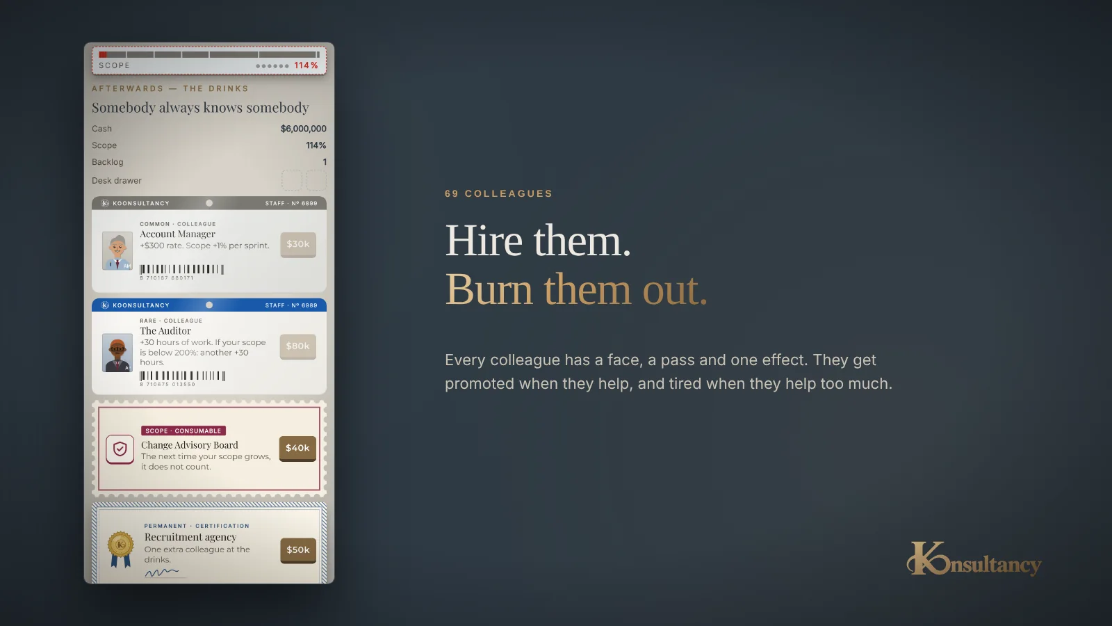 Hire them, burn them out: the drinks, where colleagues are for hire as personnel passes with faces.