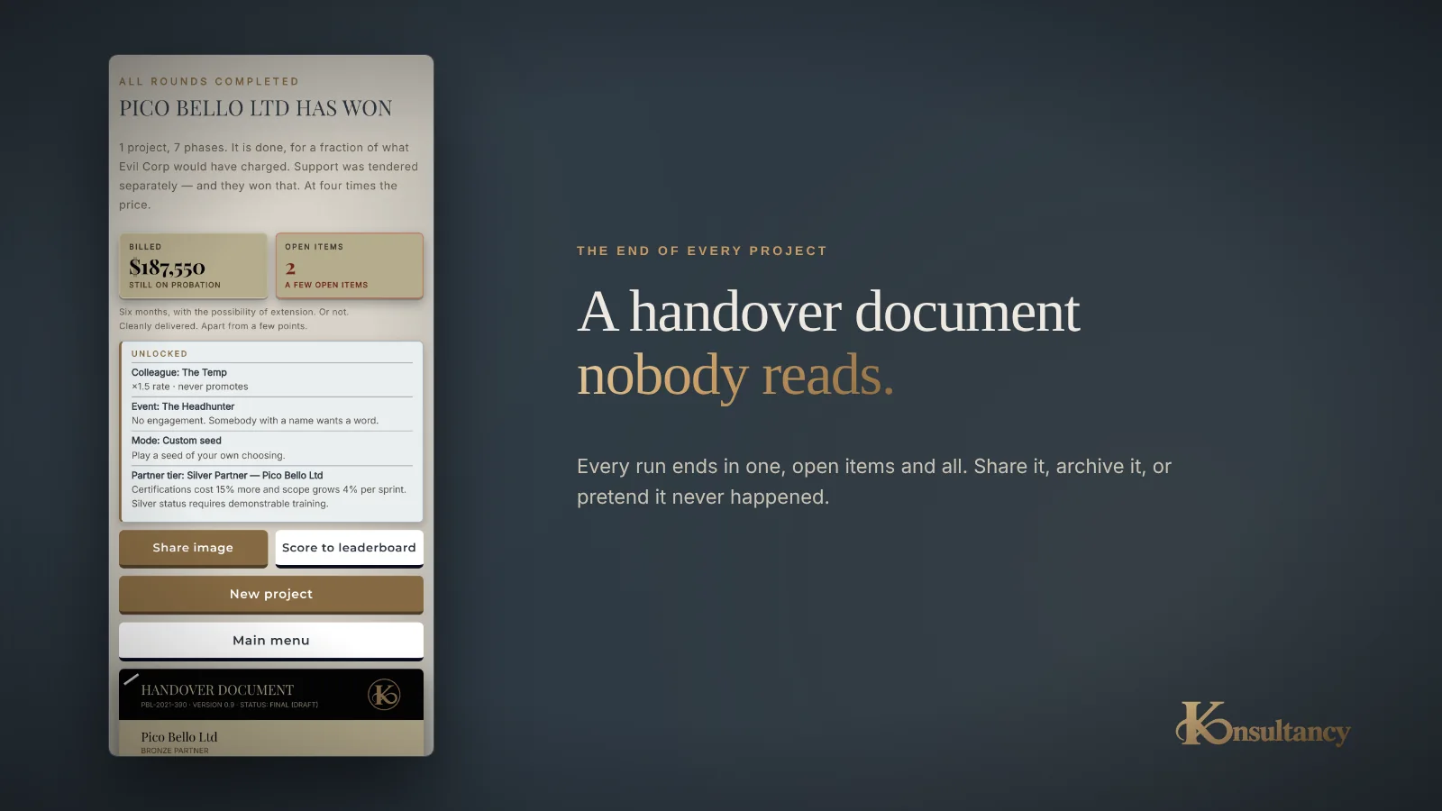 A handover document nobody reads: a won run, with what was billed and the open items.